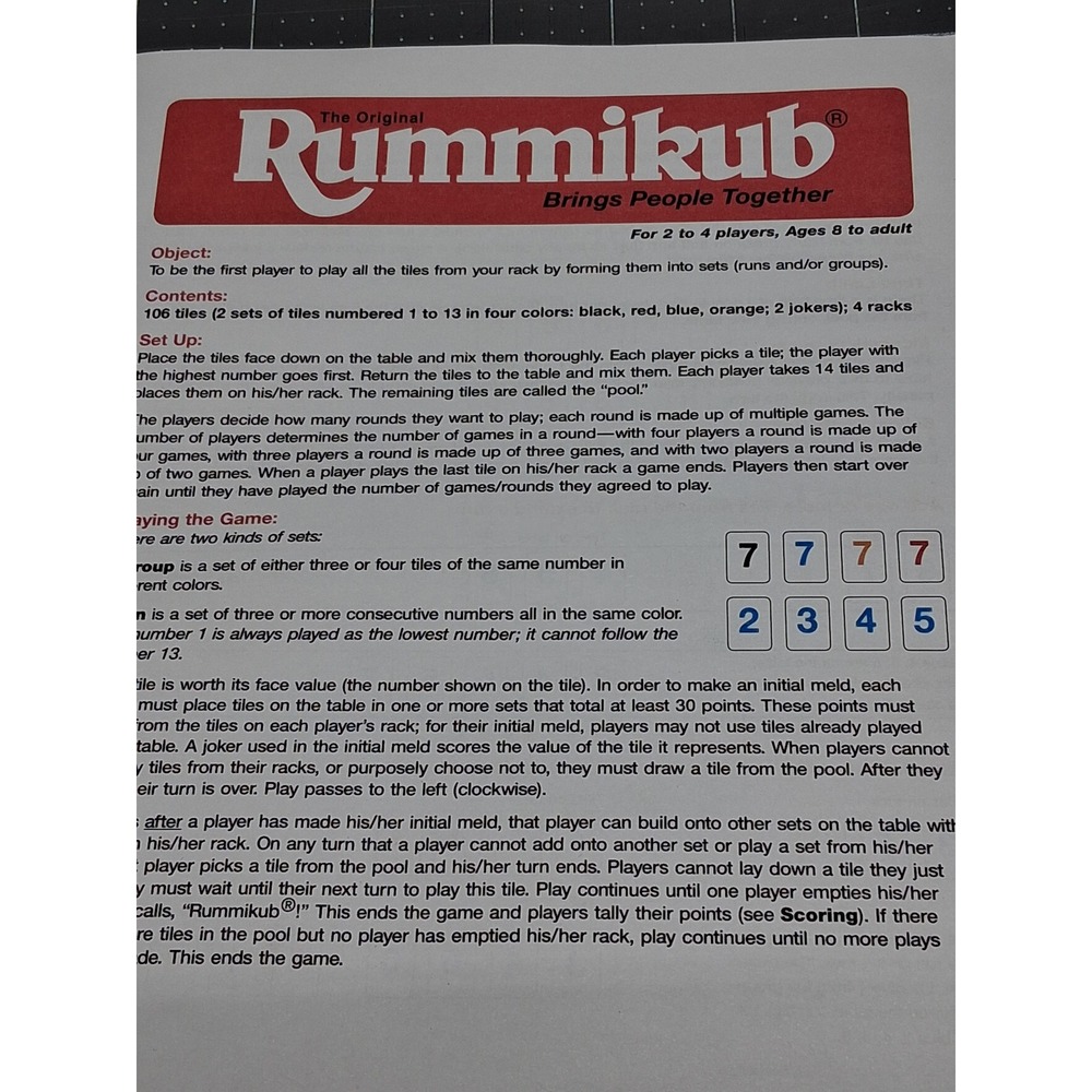Pressman‎ Rummikub Game Instructions White Replacement Rules 2015 Edition
